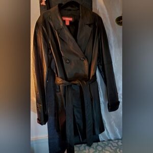 Woman Within Genuine Leather Black Double-Breasted Trench Coat